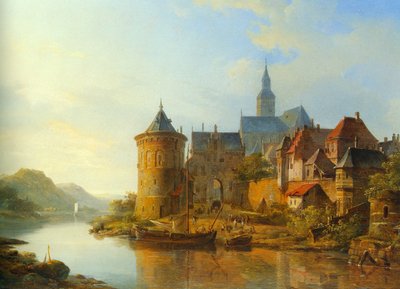 Vista de una ciudad a lo largo del Rin de Cornelis Springer